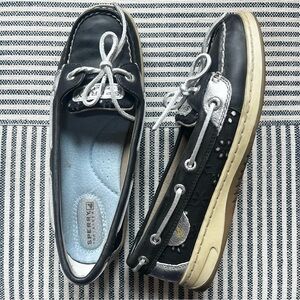 7.5 Sperry Top Sider Angel Fish Leather Loafers Floral Black